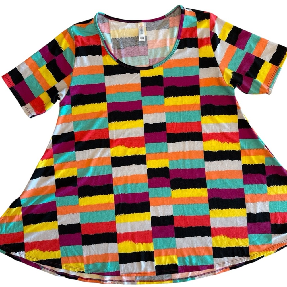 LuLaRoe Colorful Short Sleeve Swing Sz L Tunic Top Stretch Scoop Neck Blocks